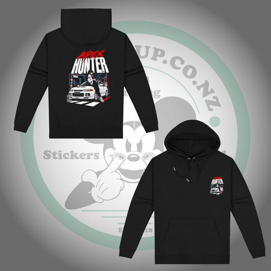 Mitsubishi Lancer Evolution III — Apex Hunter — Black Hoodie — front and back views with matching chest and back prints