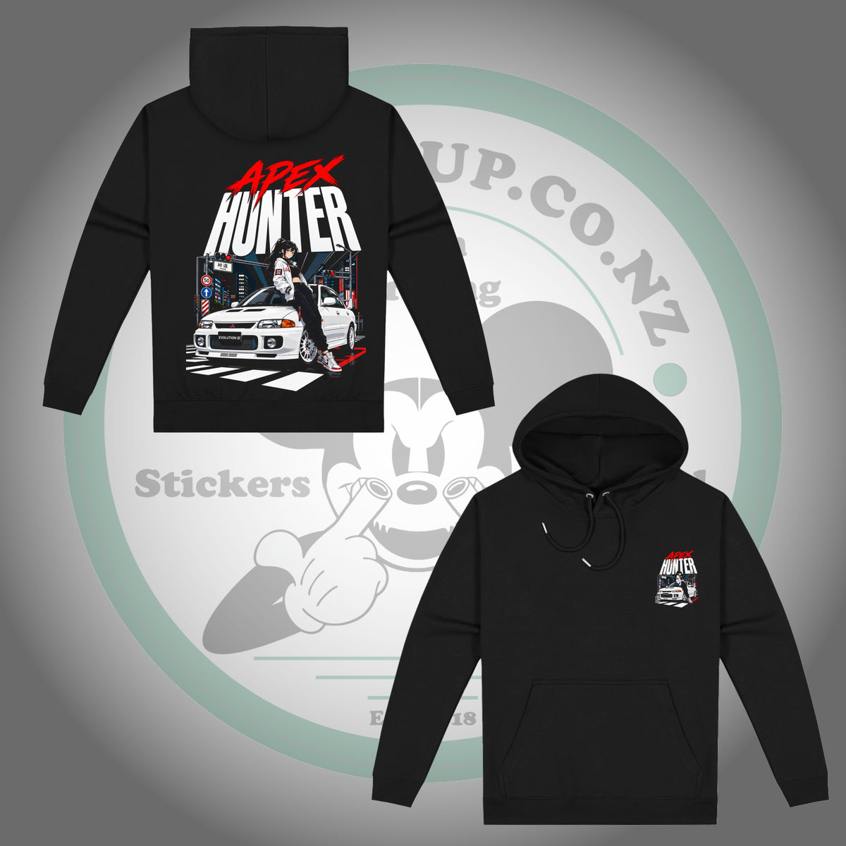 Mitsubishi Lancer Evolution III — Apex Hunter — Black Hoodie — large back print and matching small left chest print, full garment front and back