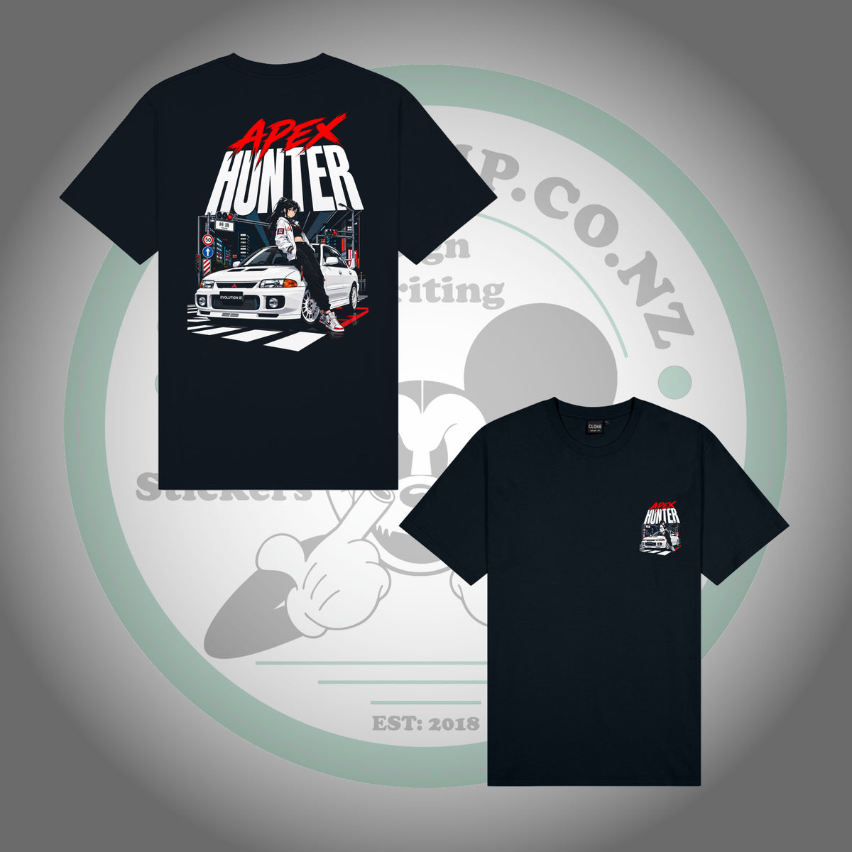 Mitsubishi Lancer Evolution III — Apex Hunter — Black T-Shirt — large back print and matching small left chest print, full garment front and back