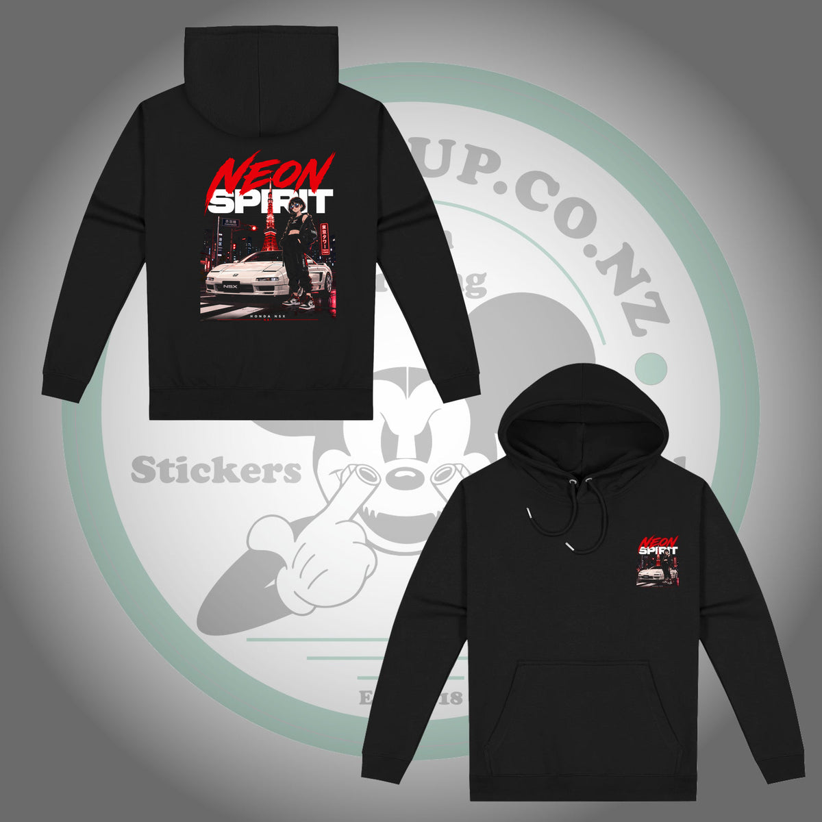 Honda NSX — Neon Spirit — Black Hoodie — front and back views with matching chest and back prints