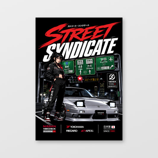 Nissan 180SX — Street Syndicate Poster, solid black background, unframed wall mockup