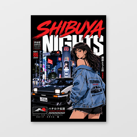 Toyota AE86 — Shibuya Nights Poster, solid black background, unframed wall mockup