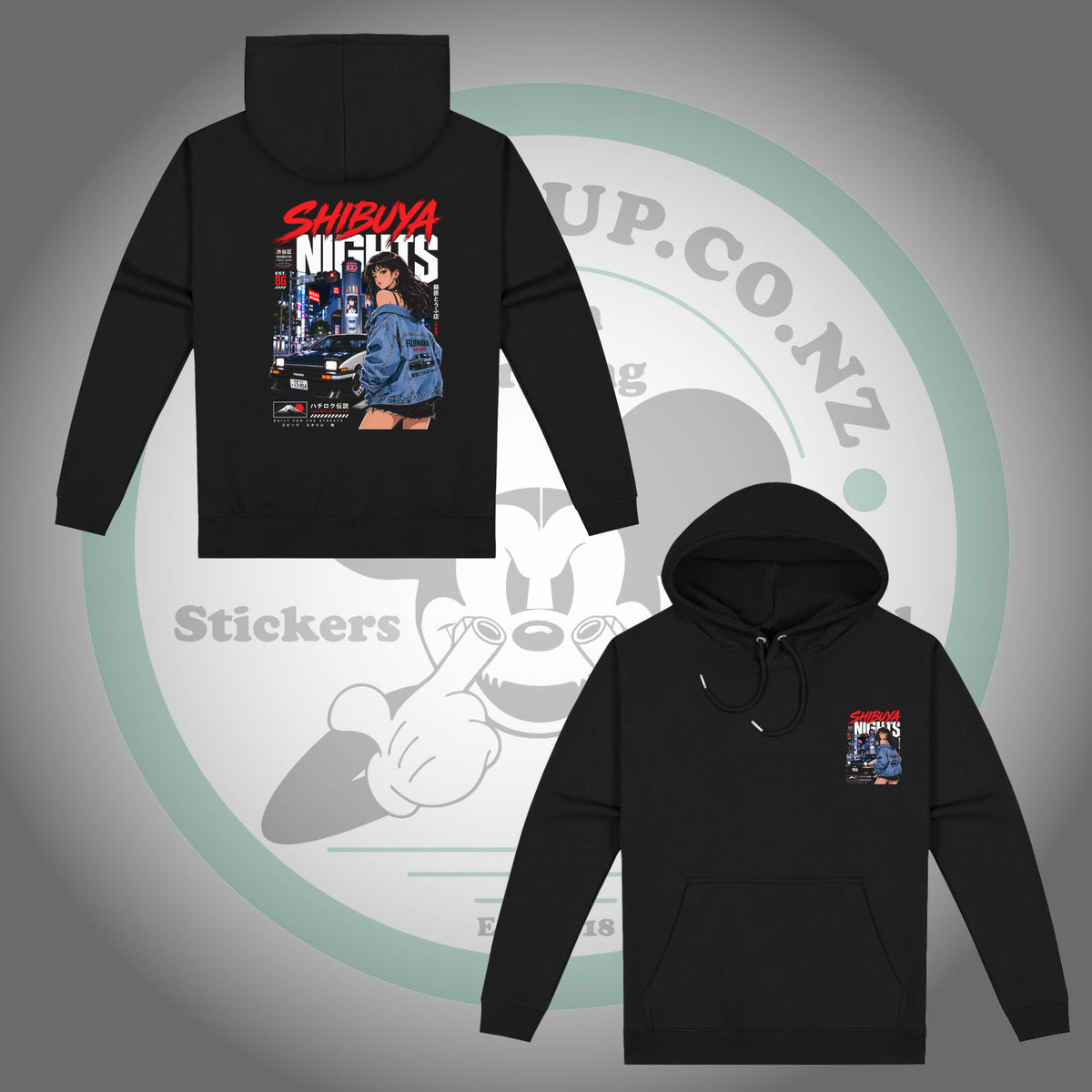 Toyota AE86 — Shibuya Nights — Black Hoodie — front and back views with matching chest and back prints
