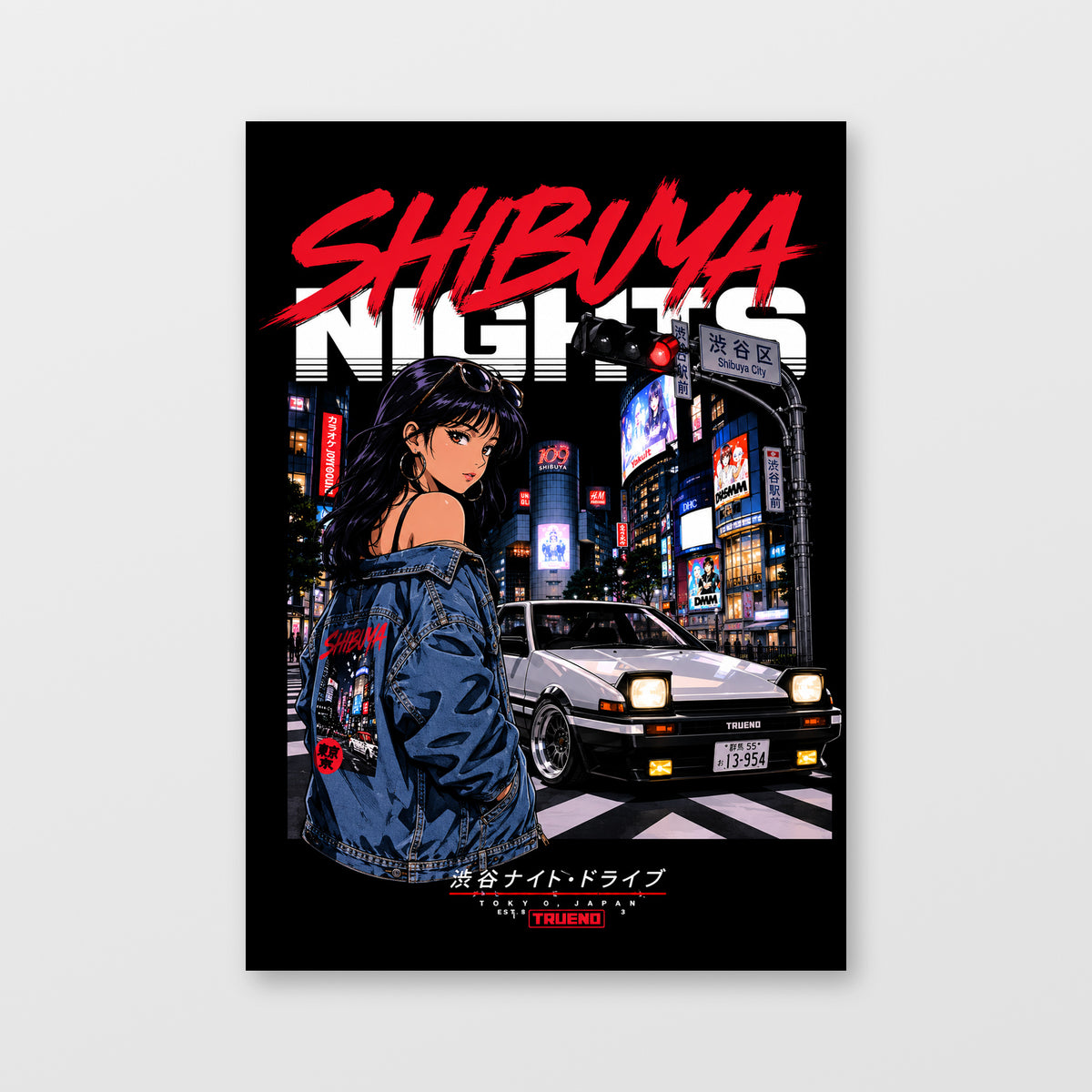 Toyota AE86 — Shibuya Night Drive Poster, solid black background, unframed wall mockup