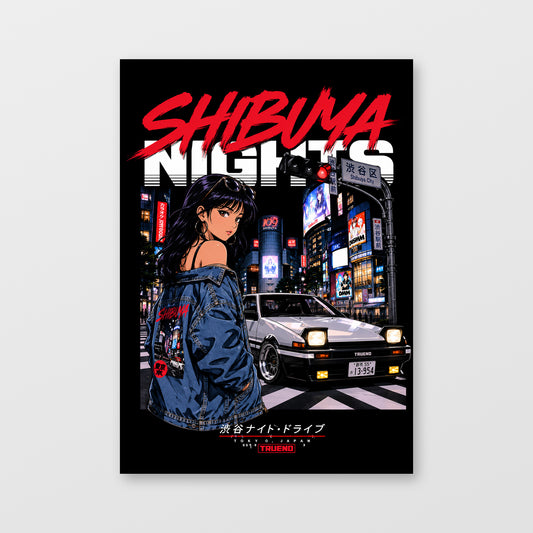 Toyota AE86 — Shibuya Night Drive Poster, solid black background, unframed wall mockup