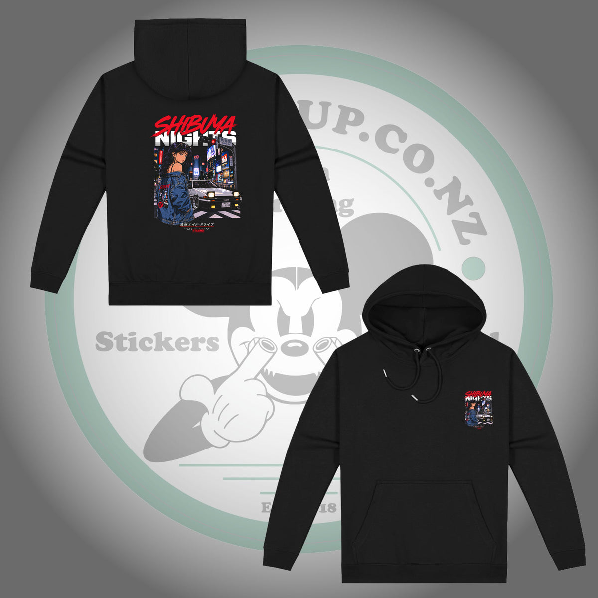 Toyota AE86 — Shibuya Night Drive — Black Hoodie — front and back views with matching chest and back prints