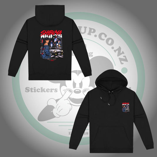 Toyota AE86 — Shibuya Night Drive — Black Hoodie — front and back views with matching chest and back prints