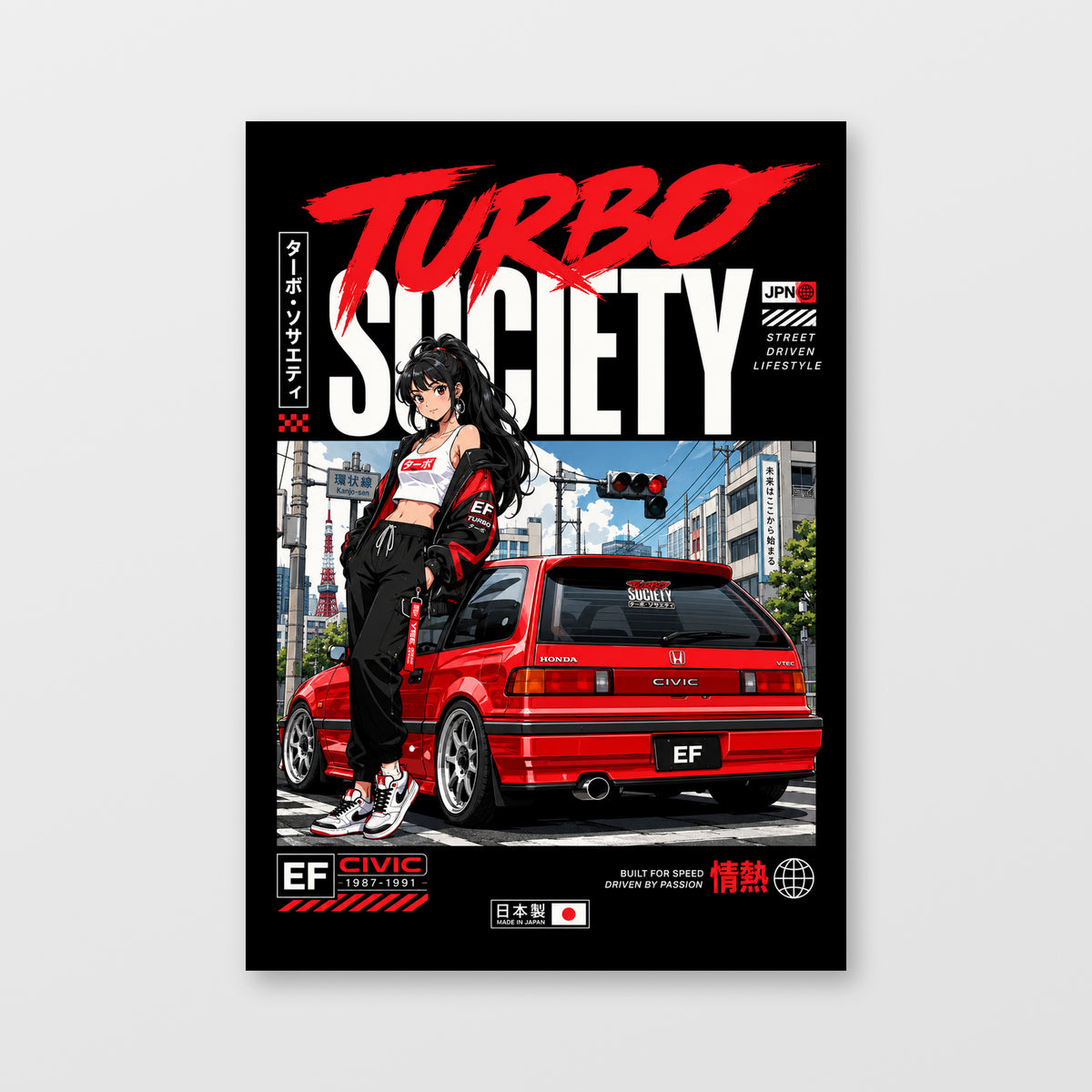 Honda Civic EF — Turbo Society Poster, solid black background, unframed wall mockup