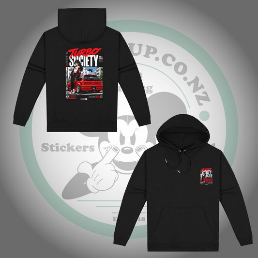 Honda Civic EF — Turbo Society — Black Hoodie — front and back views with matching chest and back prints