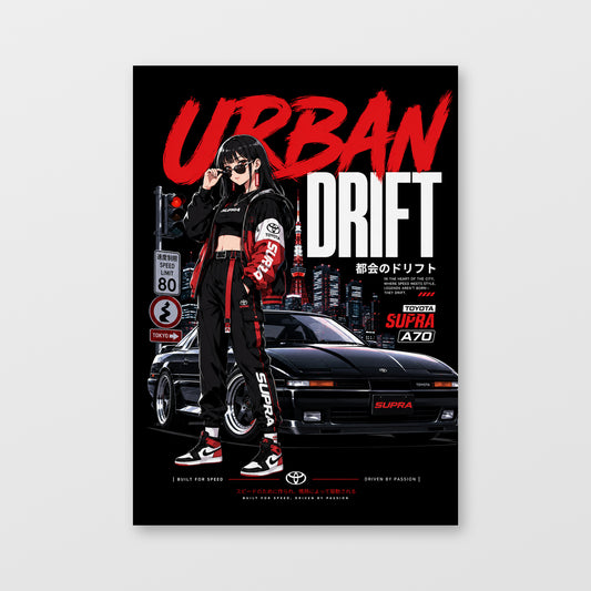Toyota Supra A70 — Urban Drift Poster, solid black background, unframed wall mockup