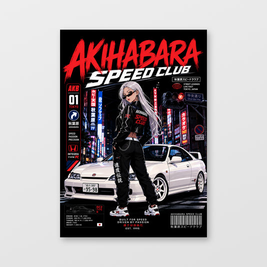 Honda Integra Type R — Akihabara Speed Club Poster, solid black background, unframed wall mockup