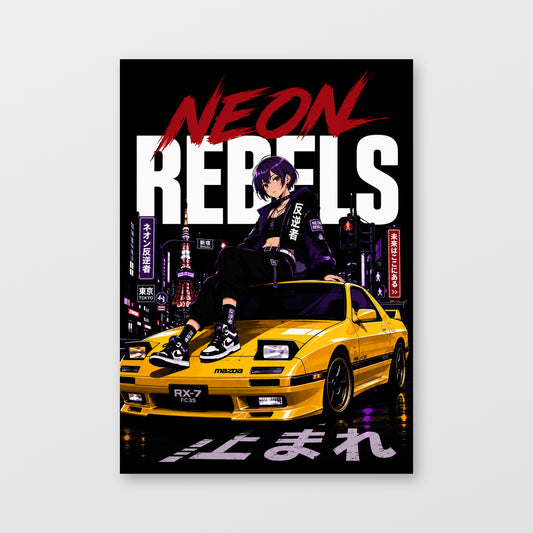 Mazda RX-7 FC — Neon Rebels Poster, solid black background, unframed wall mockup