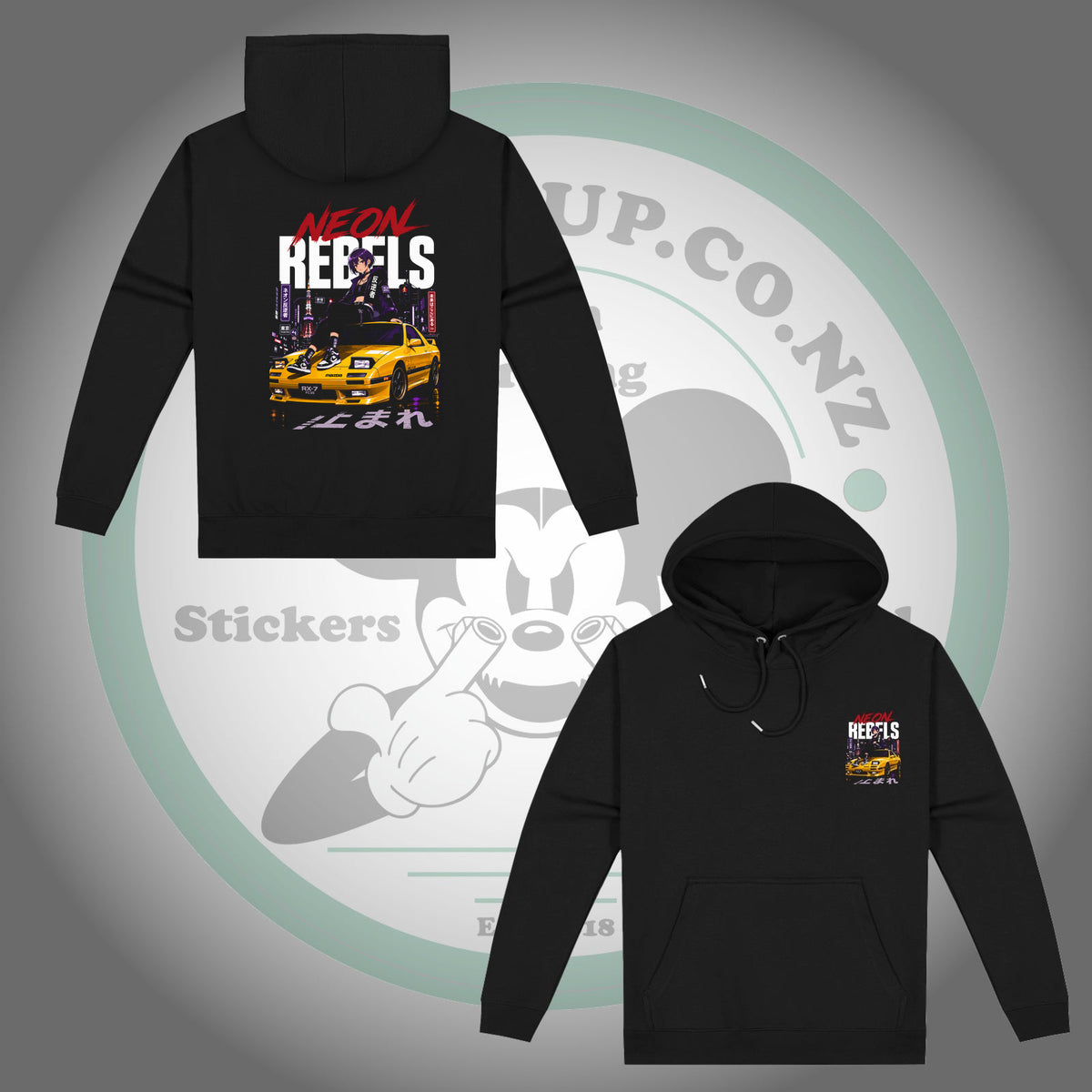 Mazda RX-7 FC — Neon Rebels — Black Hoodie — front and back views with matching chest and back prints