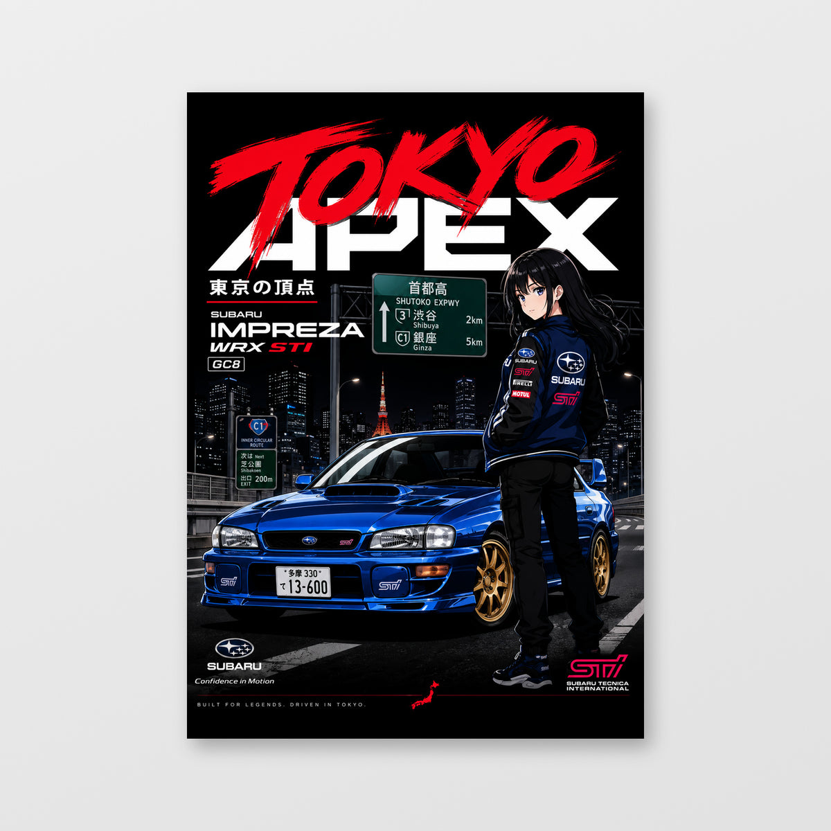 Subaru Impreza WRX STI — Tokyo Apex Poster, solid black background, unframed wall mockup