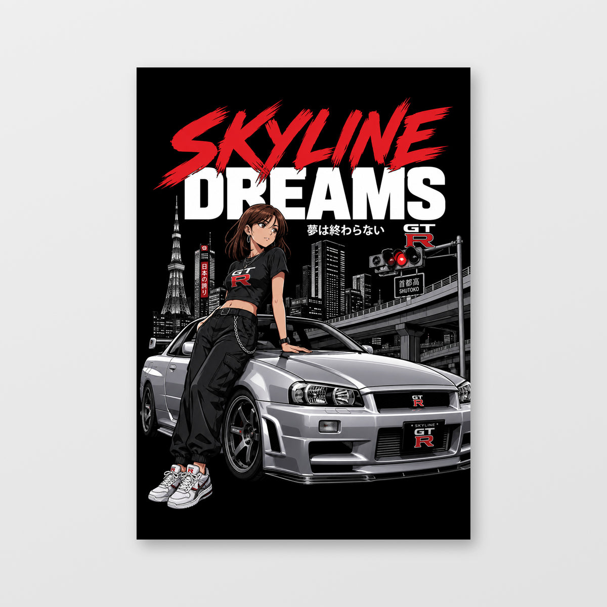 Nissan Skyline GT-R R34 — Skyline Dreams Poster, solid black background, unframed wall mockup
