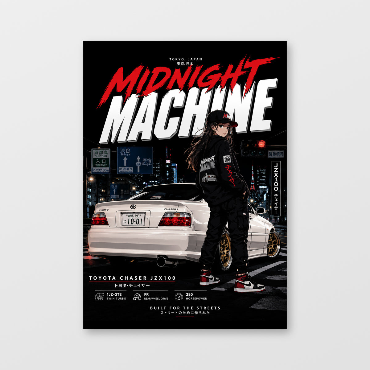 Toyota Chaser JZX100 — Midnight Machine Poster, solid black background, unframed wall mockup