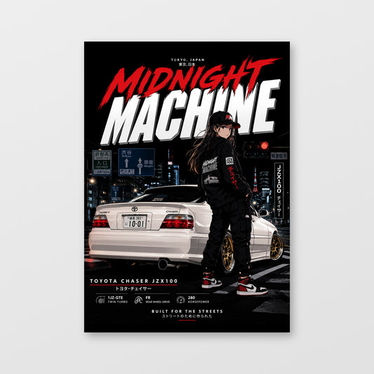 Toyota Chaser JZX100 — Midnight Machine Poster, solid black background, unframed wall mockup