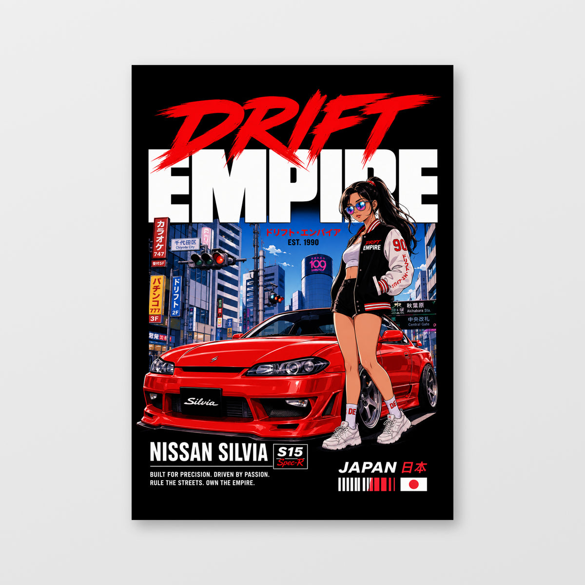 Nissan Silvia S15 — Drift Empire Poster, solid black background, unframed wall mockup