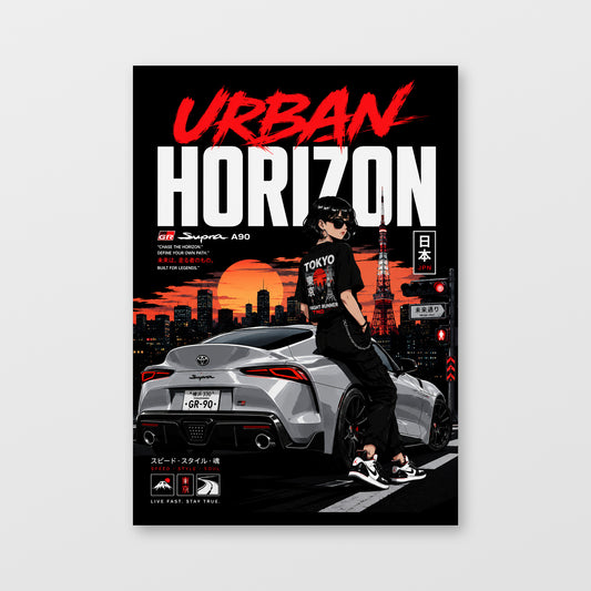 Toyota GR Supra A90 — Urban Horizon Poster, solid black background, unframed wall mockup