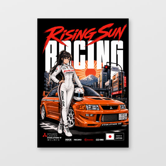Mitsubishi Lancer Evolution VI — Rising Sun Racing Poster, solid black background, unframed wall mockup
