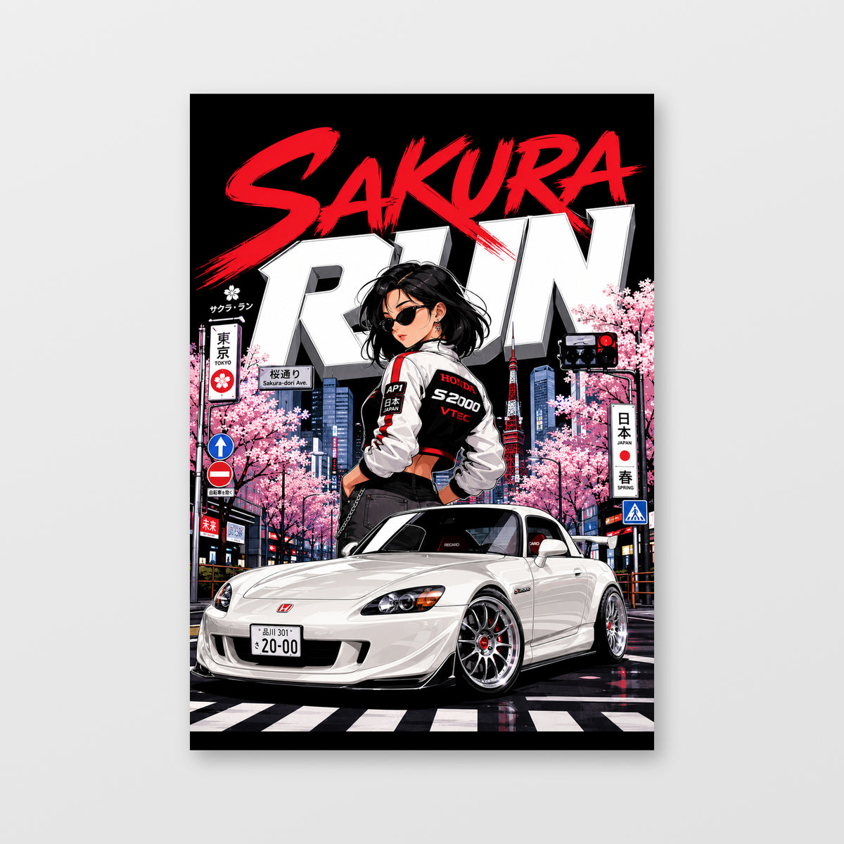Honda S2000 — Sakura Run Poster, solid black background, unframed wall mockup