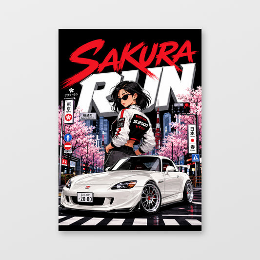 Honda S2000 — Sakura Run Poster, solid black background, unframed wall mockup