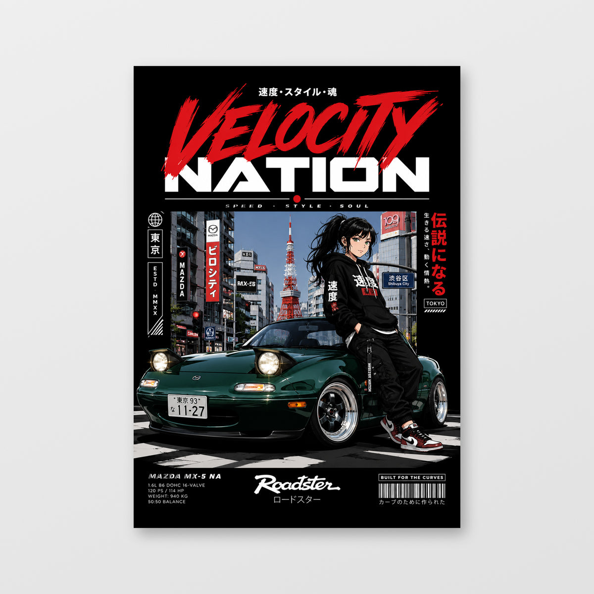 Mazda MX-5 NA — Velocity Nation Poster, solid black background, unframed wall mockup