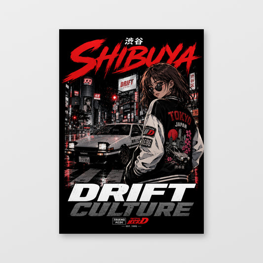Toyota AE86 — Shibuya Drift Culture Poster, solid black background, unframed wall mockup