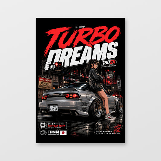 Nissan 180SX — Turbo Dreams Poster, solid black background, unframed wall mockup