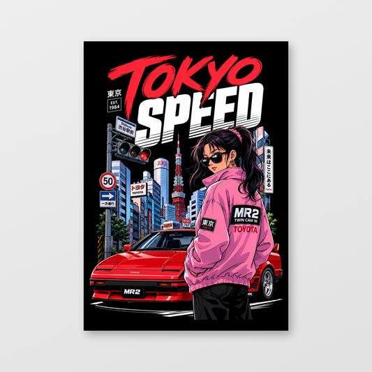 Toyota MR2 AW11 — Tokyo Speed Poster, solid black background, unframed wall mockup