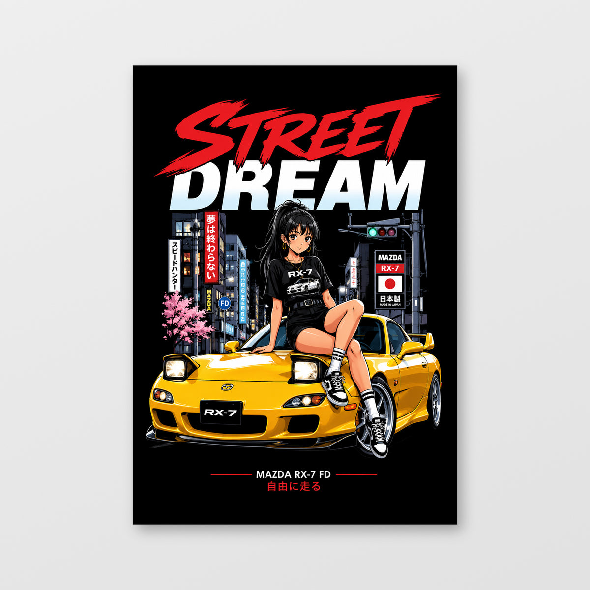 Mazda RX-7 FD — Street Dream Poster, solid black background, unframed wall mockup