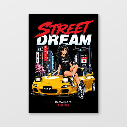 Mazda RX-7 FD — Street Dream Poster, solid black background, unframed wall mockup