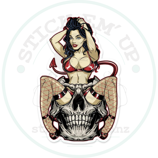 sexy devil sitting in skull sticker with cut-contour shadow and faint Stick Em’ Up watermark