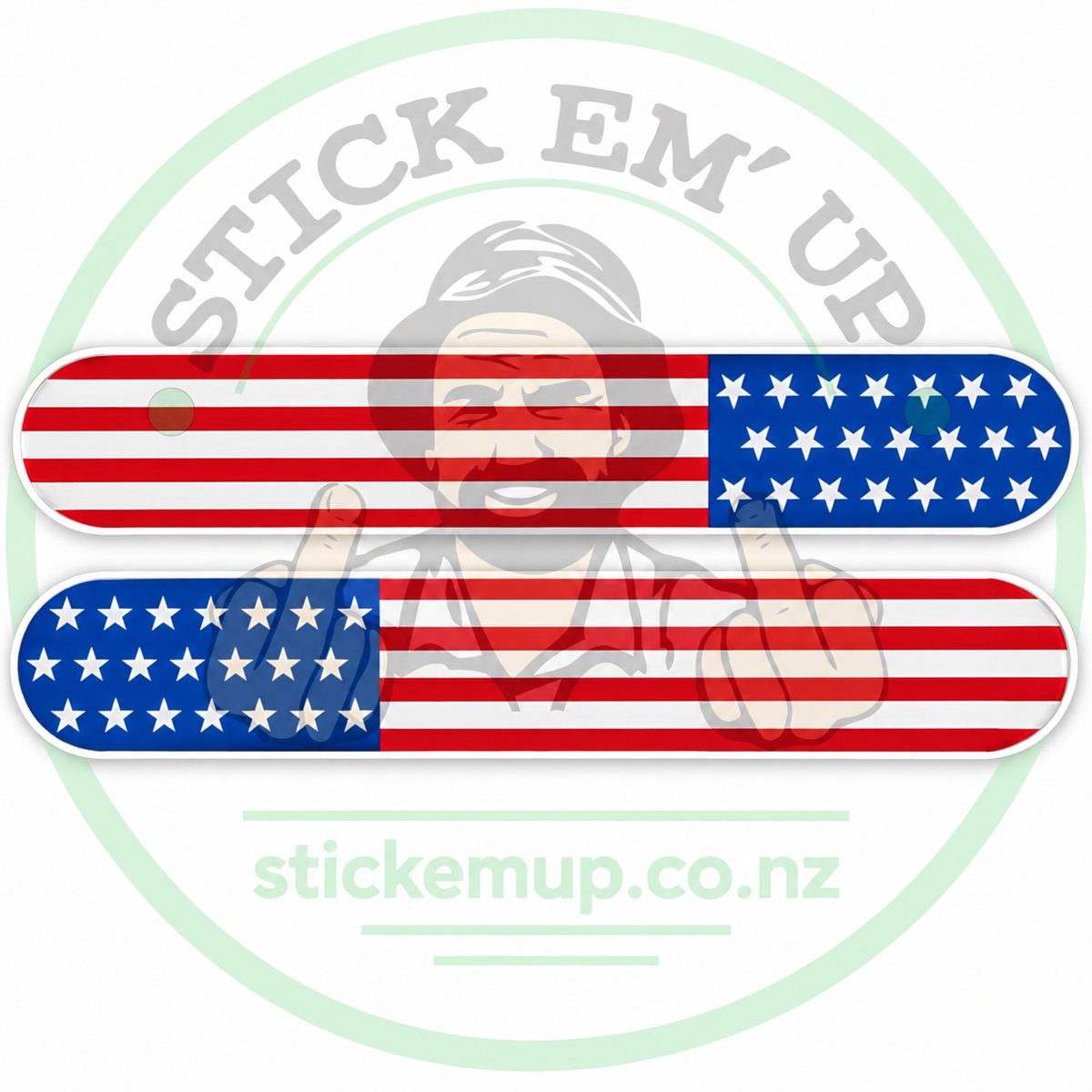 Stars and Stripes Decal Pair — quality outdoor vinyl, Stick Em' Up logo watermark