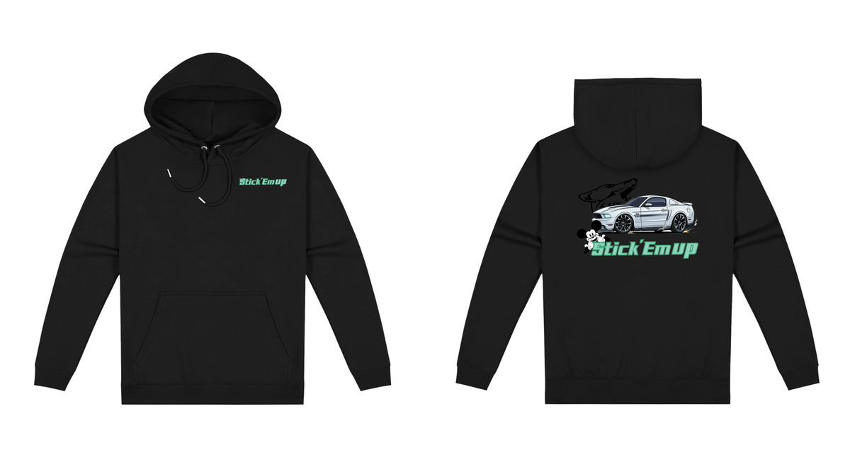 Black Stick Em' Up Mustang hoodie front and back mockup