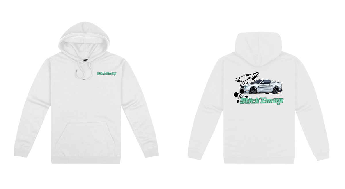 White Stick Em' Up Mustang hoodie front and back mockup