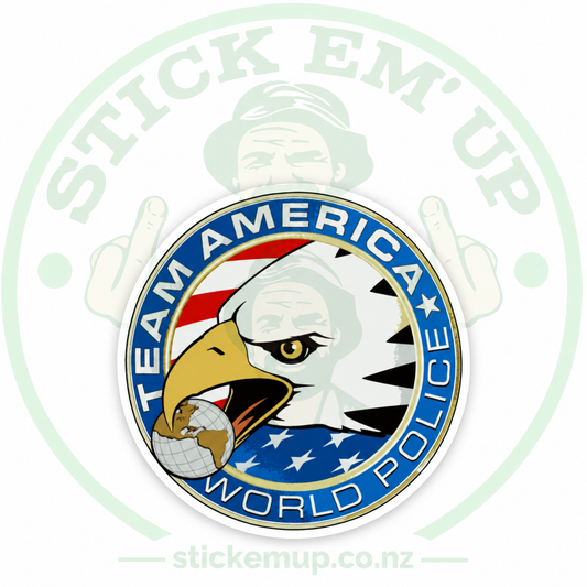 Team America World Police Eagle Sticker — quality outdoor vinyl, Stick Em' Up logo watermark