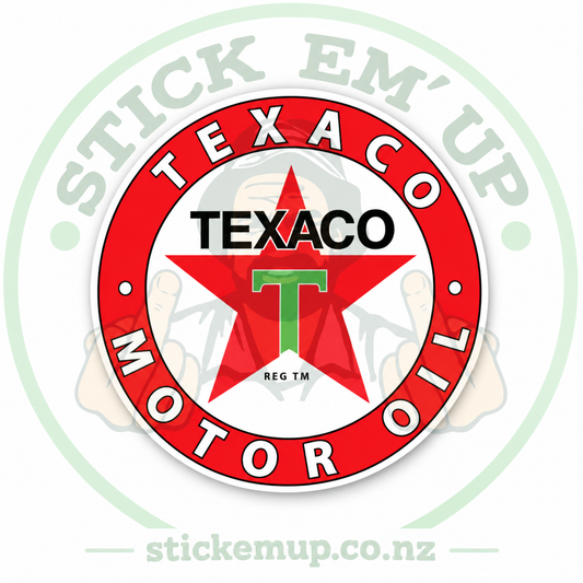 Texaco Motor Oil Round Sticker — quality outdoor vinyl, Stick Em' Up logo watermark