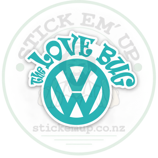 The Love Bug VW Sticker with Stick Em’ Up logo watermark