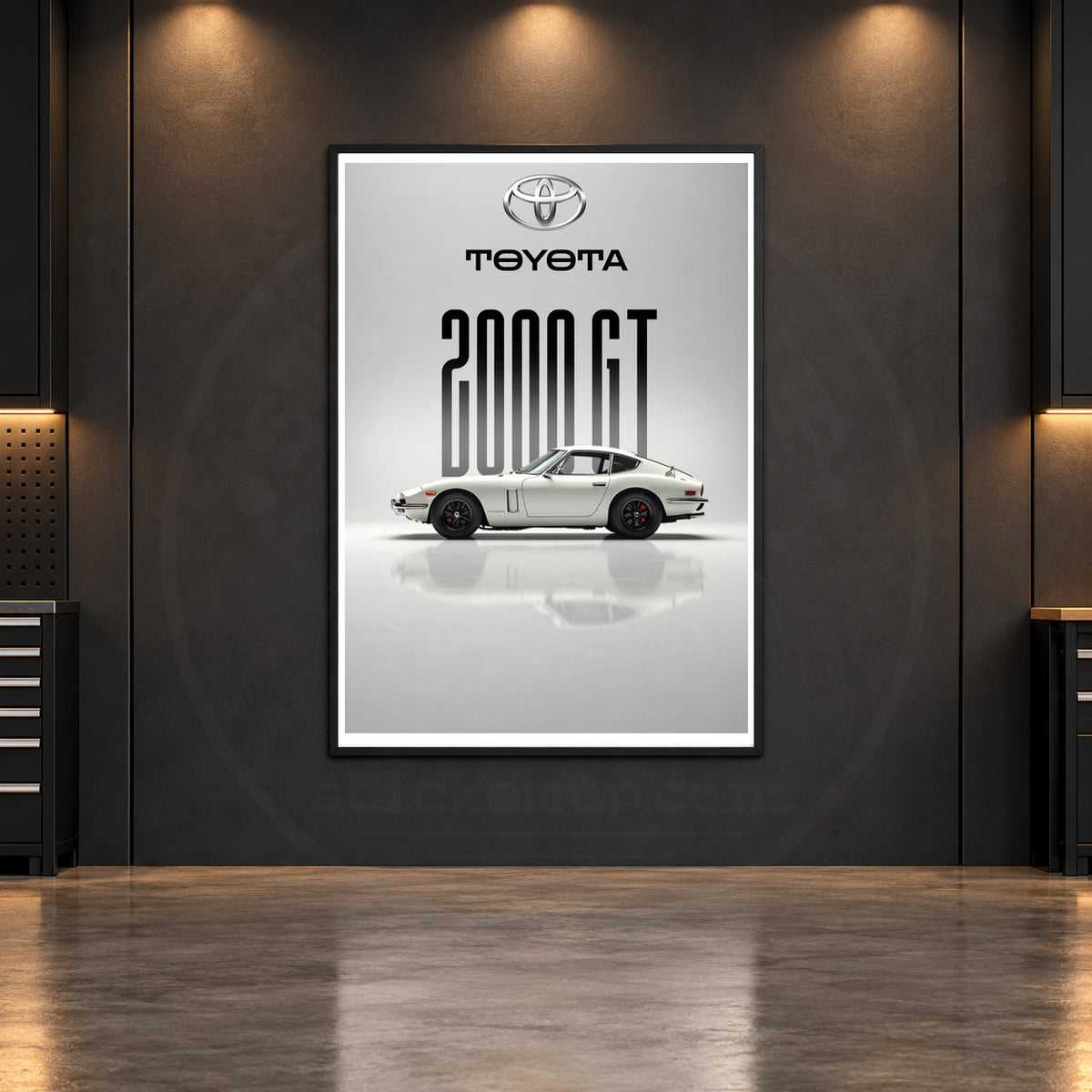 Toyota 2000GT White Heritage poster room mockup, faintly watermarked