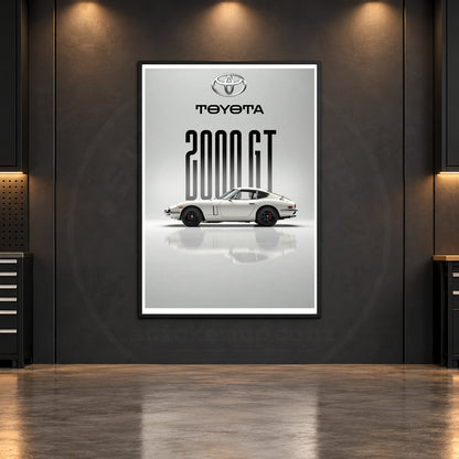 Toyota 2000GT White Heritage poster room mockup, faintly watermarked