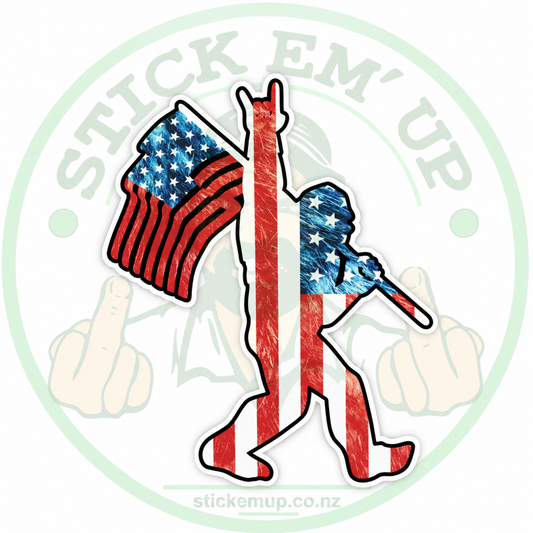 USA Flag Rock Hand Sticker — quality outdoor vinyl, Stick Em' Up logo watermark