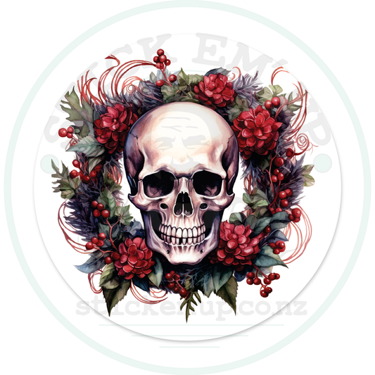 Wreath and skull sticker with cut-contour shadow and faint Stick Em’ Up watermark